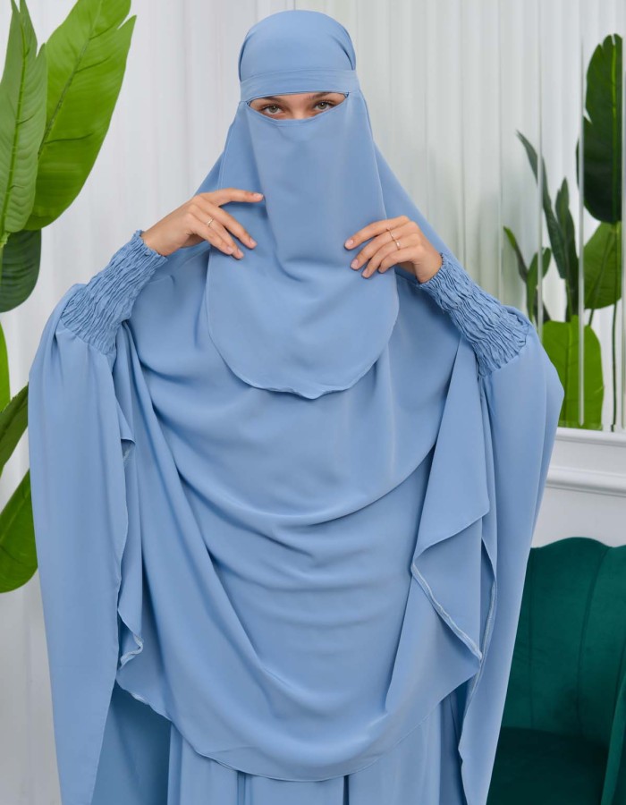 Muslim Dresses For Women ,Abayas Prayer Islamic Clothes Long dress Hijab Bonnet 2Pieces Sleeve Hijab Sheet 822 Bebe Mavi