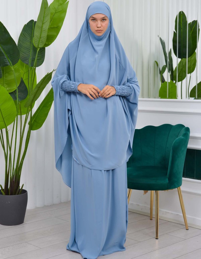 Muslim Dresses For Women ,Abayas Prayer Islamic Clothes Long dress Hijab Bonnet 2Pieces Sleeve Hijab Sheet 822 Bebe Mavi