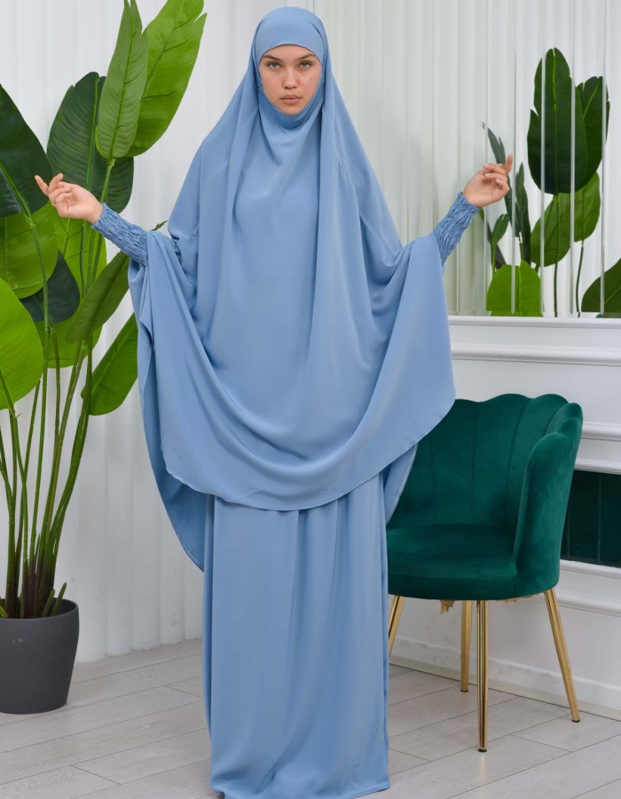 Muslim Dresses For Women ,Abayas Prayer Islamic Clothes Long dress Hijab Bonnet 2Pieces Sleeve Hijab Sheet 822 Bebe Mavi