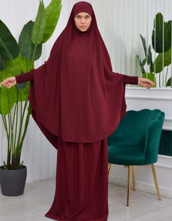 طقم إسدال شرعي قطعتين بأكمام زم 822 - خمري