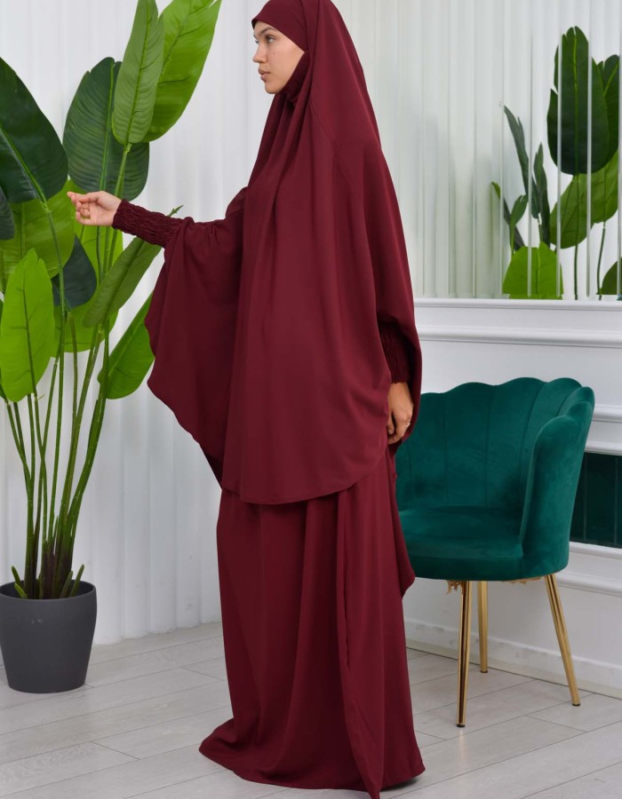 Muslim Dresses For Women ,Abayas Prayer Islamic Clothes Long dress Hijab Bonnet 2Pieces Sleeve Hijab Sheet 822 - burgundy