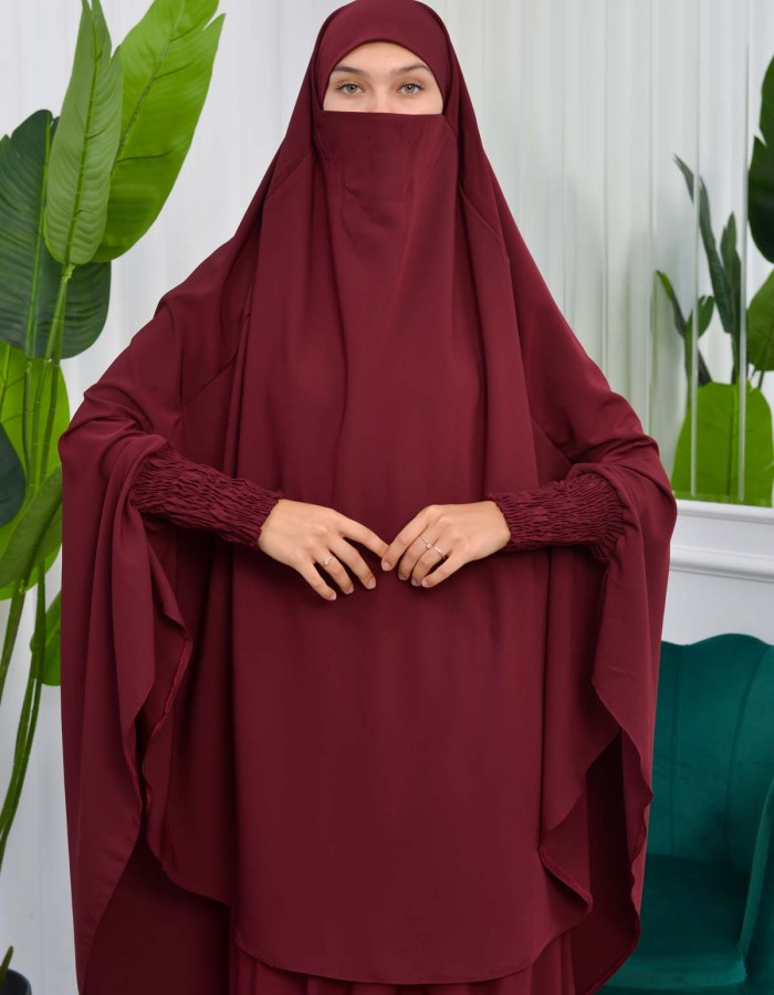 Muslim Dresses For Women ,Abayas Prayer Islamic Clothes Long dress Hijab Bonnet 2Pieces Sleeve Hijab Sheet 822 - burgundy