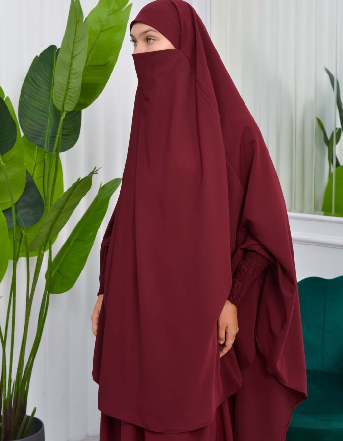 Muslim Dresses For Women ,Abayas Prayer Islamic Clothes Long dress Hijab Bonnet 2Pieces Sleeve Hijab Sheet 822 - burgundy