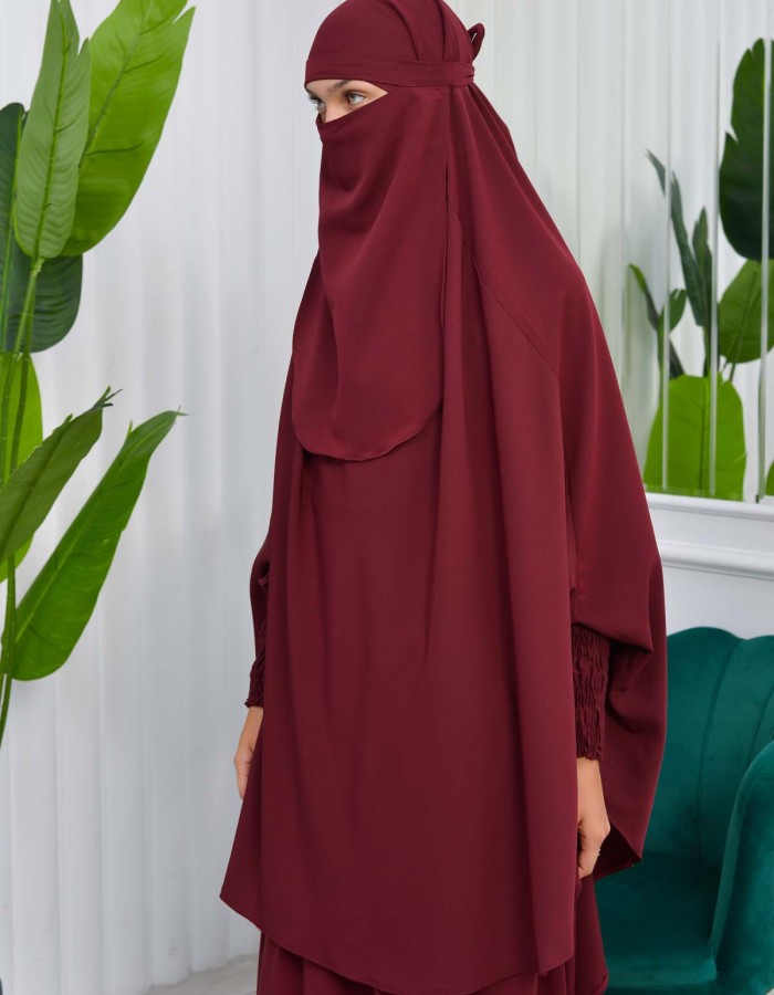 Muslim Dresses For Women ,Abayas Prayer Islamic Clothes Long dress Hijab Bonnet 2Pieces Sleeve Hijab Sheet 822 - burgundy