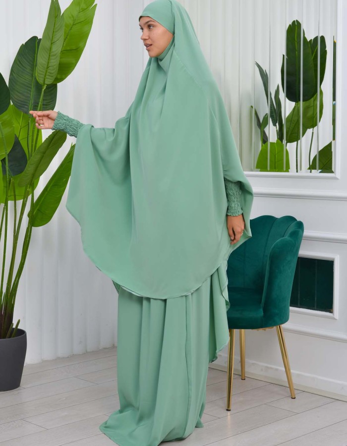 Muslim Dresses For Women ,Abayas Prayer Islamic Clothes Long dress Hijab Bonnet 2Pieces Sleeve Hijab Sheet 822 - mint