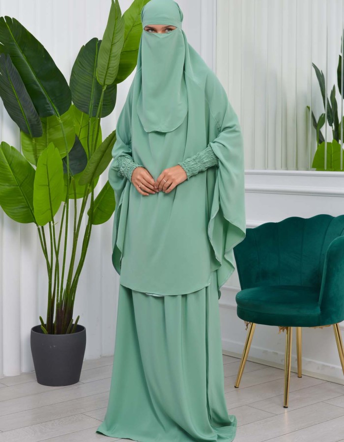 Muslim Dresses For Women ,Abayas Prayer Islamic Clothes Long dress Hijab Bonnet 2Pieces Sleeve Hijab Sheet 822 - mint