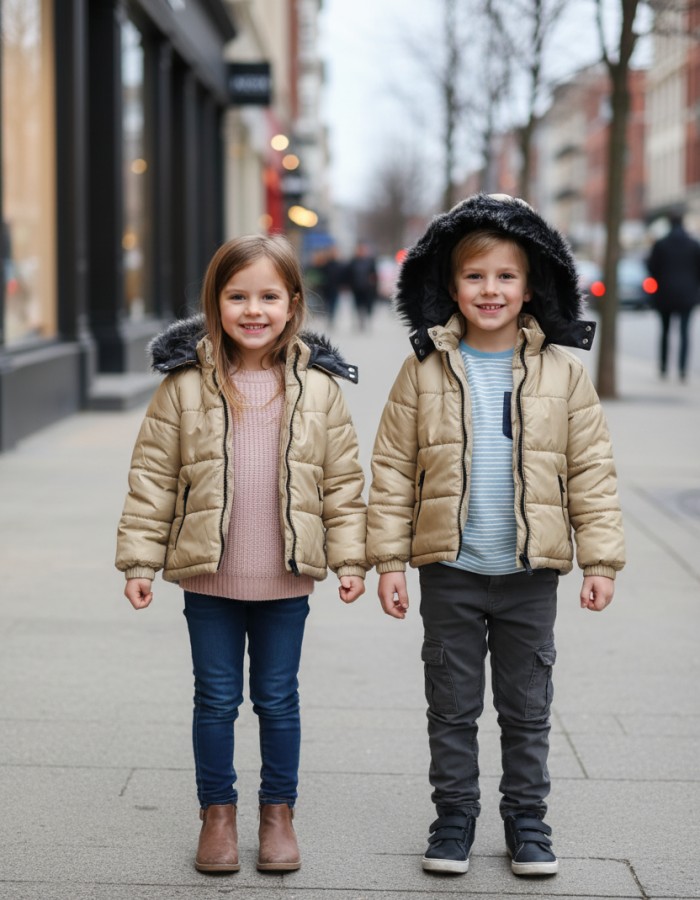 Dacron Puffer Jacket for Kids Fur Lined 5146 - beige