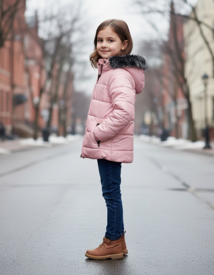 Dacron Puffer Jacket for Kids Fur Lined 5146 - pink