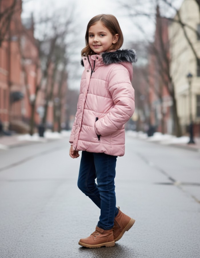 Dacron Puffer Jacket for Kids Fur Lined 5146 - pink