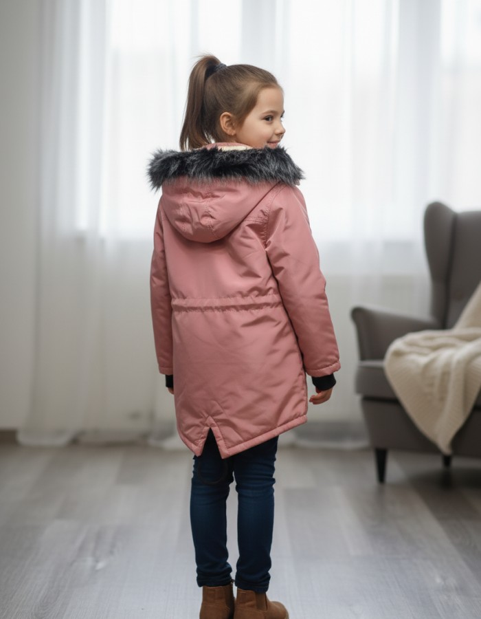 Lined Canvas Jacket with Fur for Kids 5136- pink