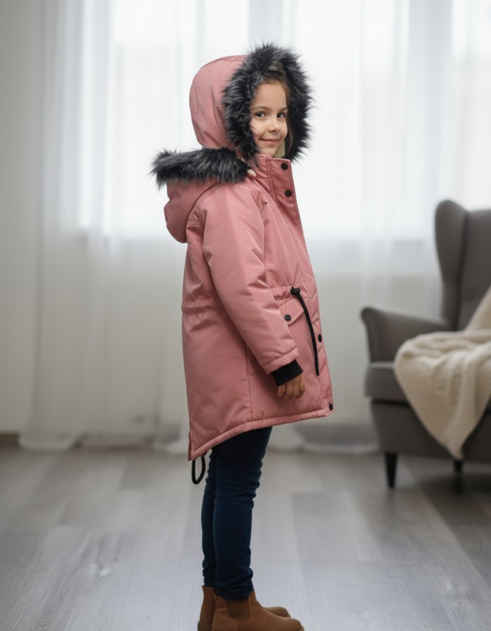 Lined Canvas Jacket with Fur for Kids 5136- pink