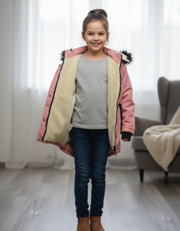 Mit Pelz gefütterte Kinder-Leinenjacke 5136 - Rosa