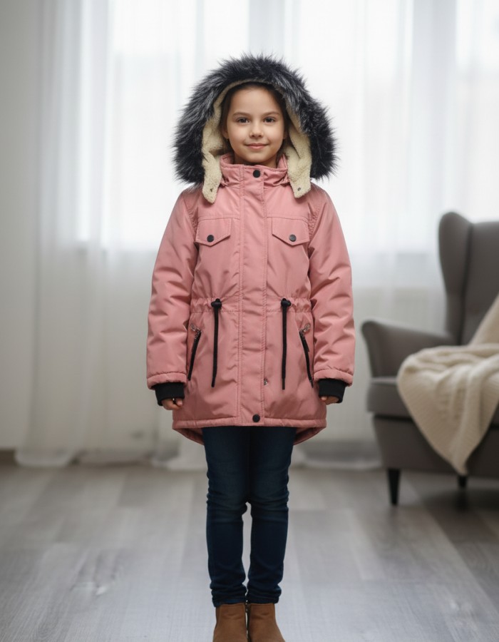 Lined Canvas Jacket with Fur for Kids 5136- pink