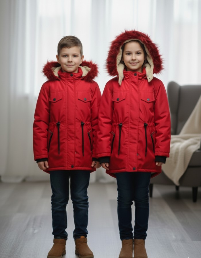 Lined Canvas Jacket with Fur for Kids 5136 - red