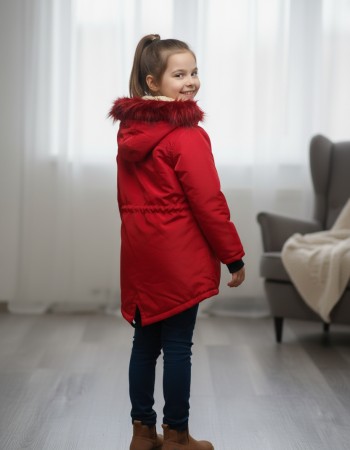 Lined Canvas Jacket with Fur for Kids 5136 - red