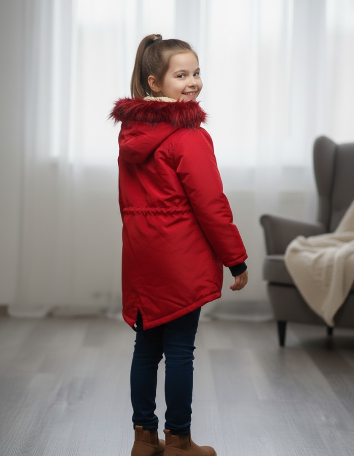 Lined Canvas Jacket with Fur for Kids 5136 - red