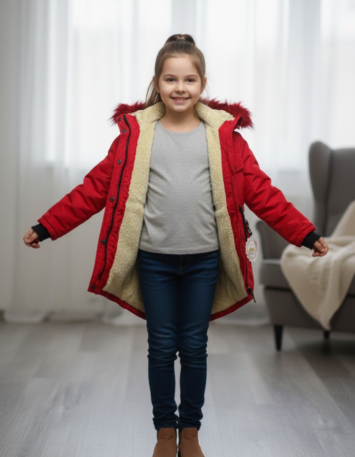 Lined Canvas Jacket with Fur for Kids 5136 - red