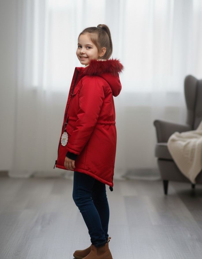 Lined Canvas Jacket with Fur for Kids 5136 - red