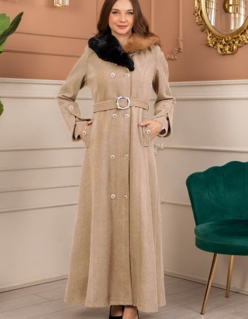 Langer Wollmantel mit Kaninchenfellfutter 1370  - Beige