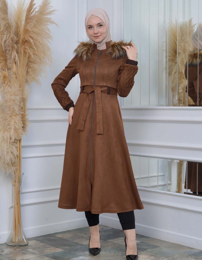 Womens trench coat suede, plisse, movable hood, 1316 - brown