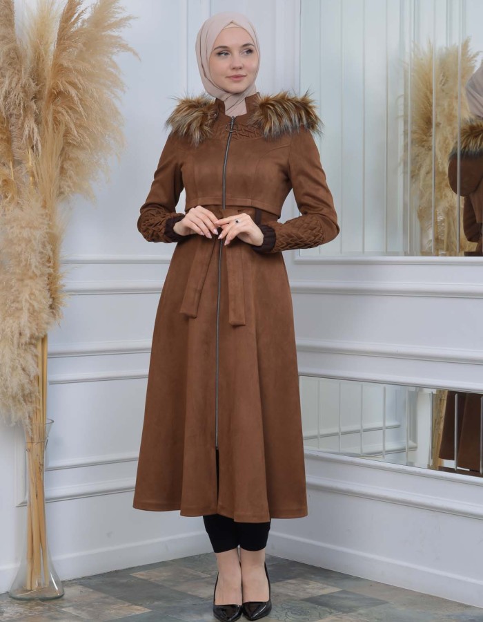 Womens trench coat suede, plisse, movable hood, 1316 - brown