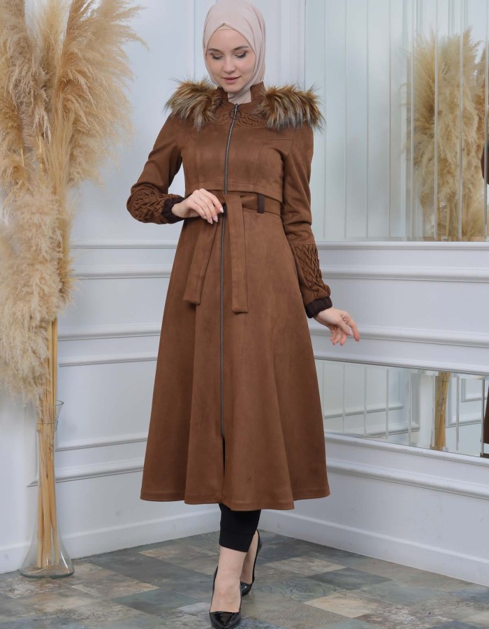 Womens trench coat suede, plisse, movable hood, 1316 - brown
