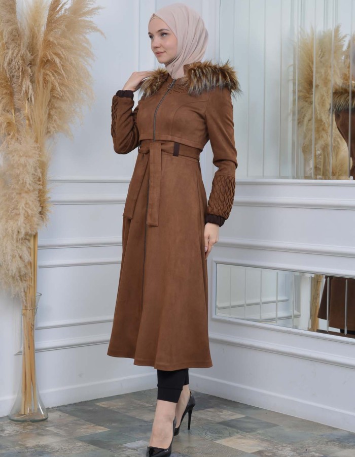Womens trench coat suede, plisse, movable hood, 1316 - brown
