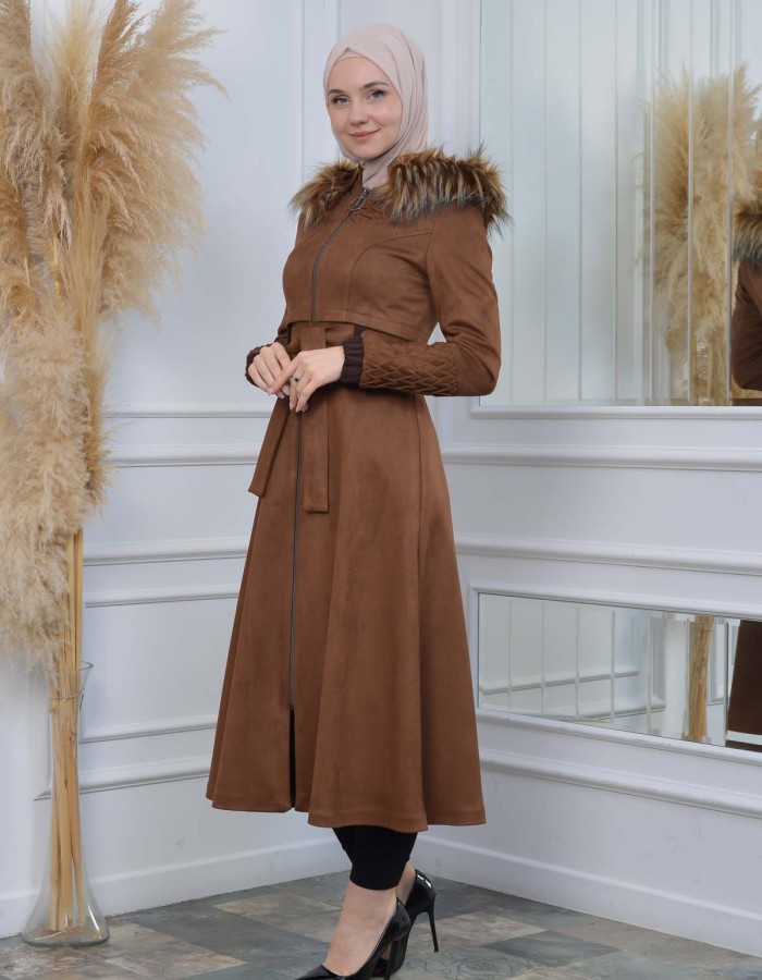 Womens trench coat suede, plisse, movable hood, 1316 - brown