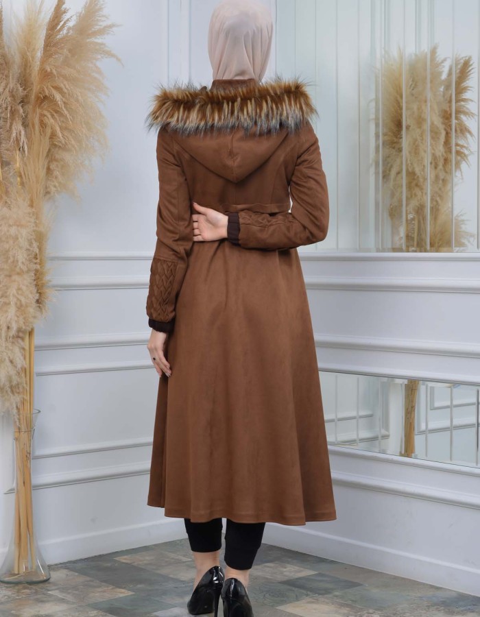 Womens trench coat suede, plisse, movable hood, 1316 - brown
