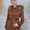 Womens trench coat suede, plisse, movable hood, 1316 - brown