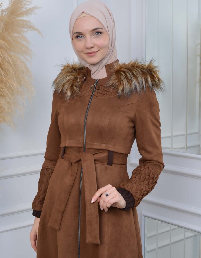 Womens trench coat suede, plisse, movable hood, 1316 - brown
