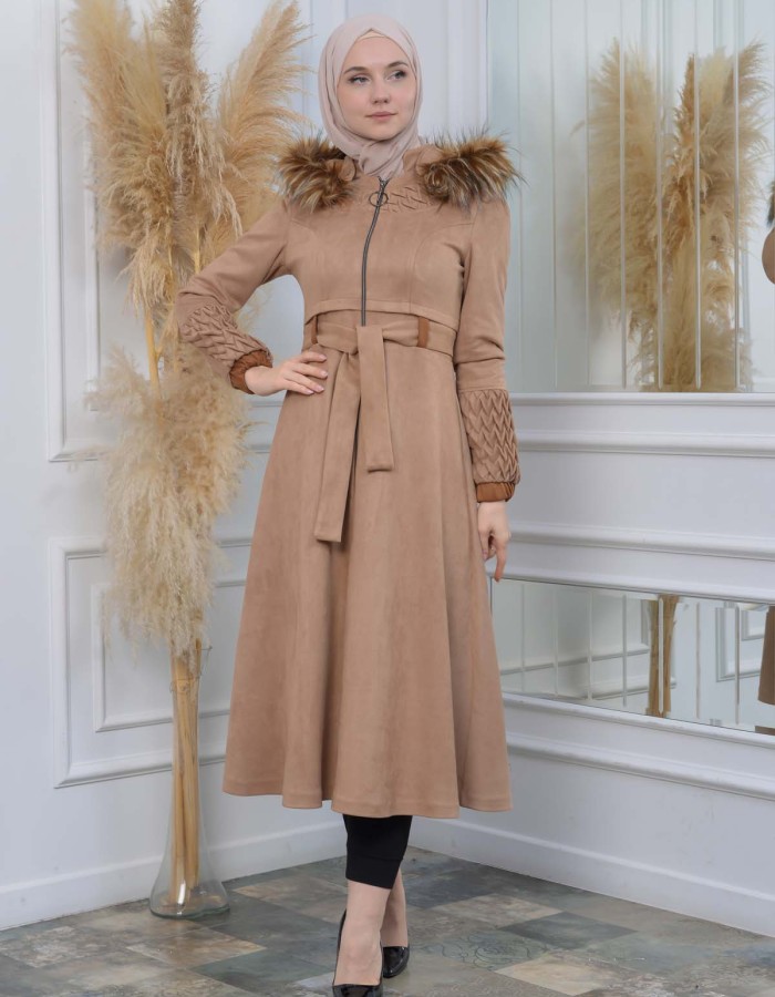 Womens trench coat suede, plisse, movable hood, 1316 - beige