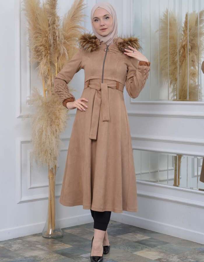 Womens trench coat suede, plisse, movable hood, 1316 - beige