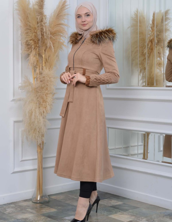 Womens trench coat suede, plisse, movable hood, 1316 - beige