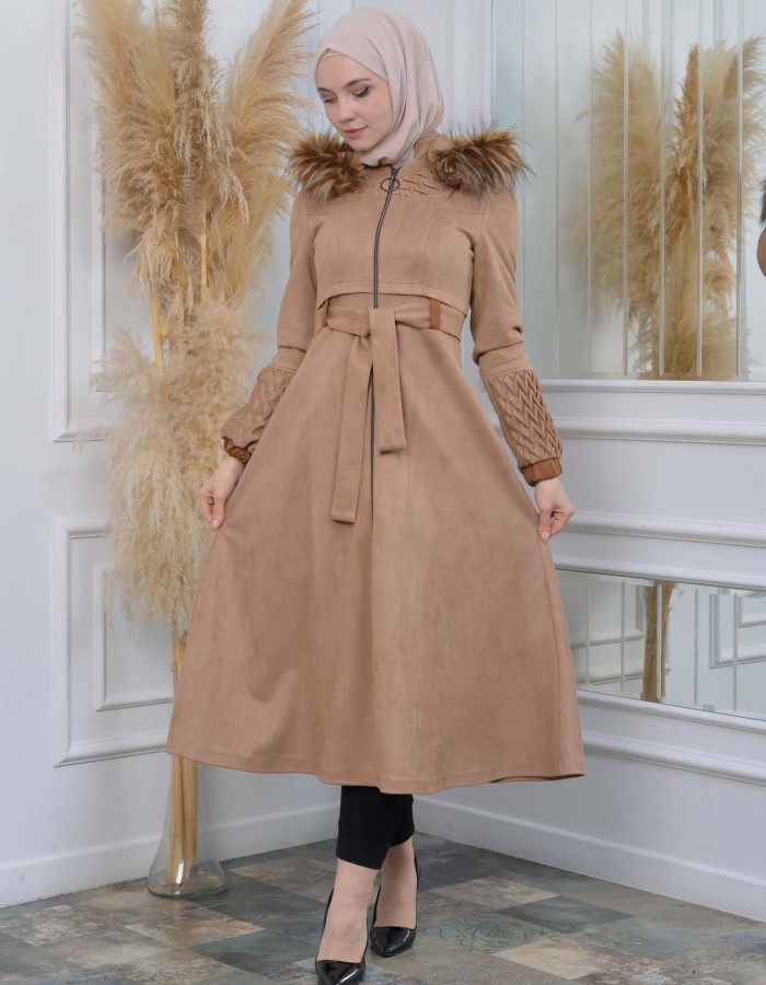 Womens trench coat suede, plisse, movable hood, 1316 - beige
