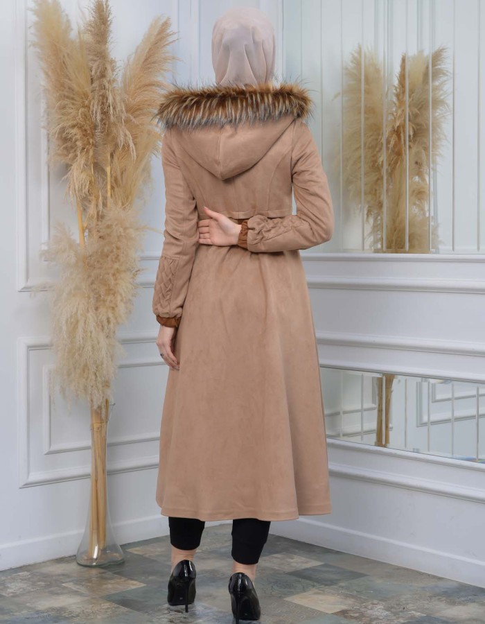 Womens trench coat suede, plisse, movable hood, 1316 - beige