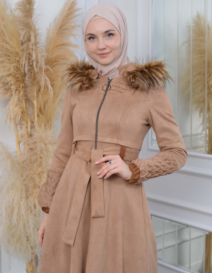 Womens trench coat suede, plisse, movable hood, 1316 - beige