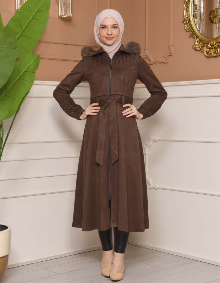 Womens trench coat suede, plisse, movable hood, 1316 - indigo