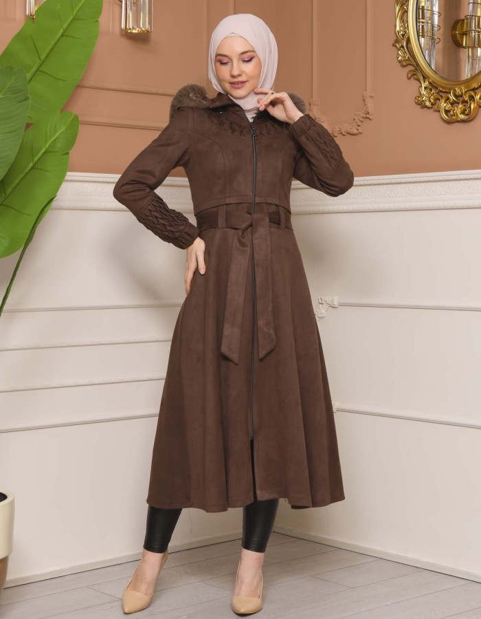 Womens trench coat suede, plisse, movable hood, 1316 - indigo