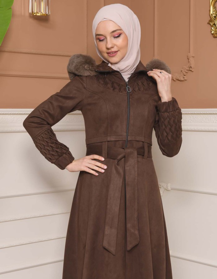 Womens trench coat suede, plisse, movable hood, 1316 - indigo