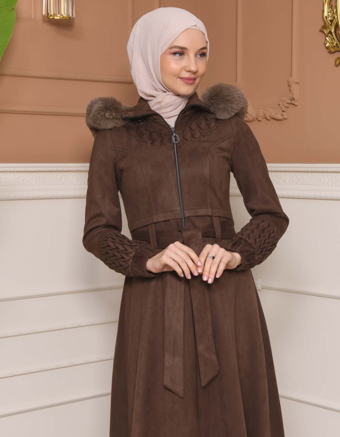 Womens trench coat suede, plisse, movable hood, 1316 - indigo