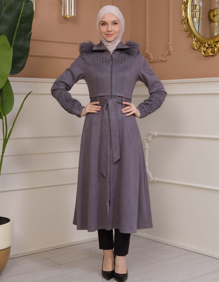 Women's trench coat suede, plisse, movable hood, 1316 Gri