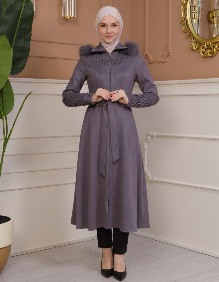 Women's trench coat suede, plisse, movable hood, 1316 Gri