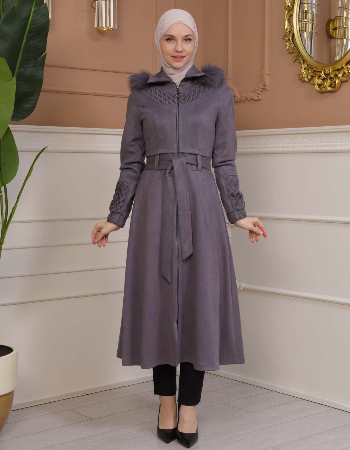 Women's trench coat suede, plisse, movable hood, 1316 Gri