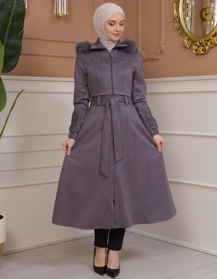 Women's trench coat suede, plisse, movable hood, 1316 Gri