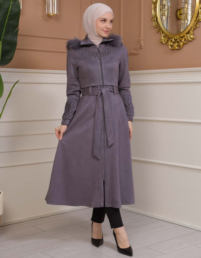 Women's trench coat suede, plisse, movable hood, 1316 Gri