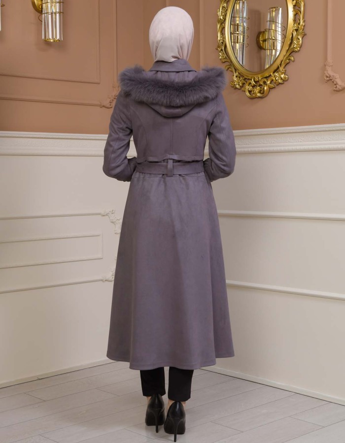Women's trench coat suede, plisse, movable hood, 1316 Gri