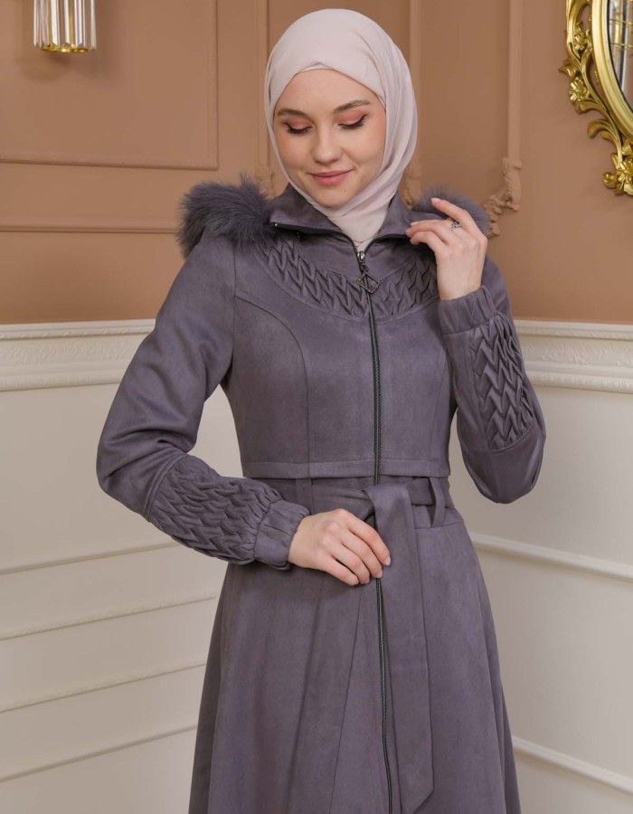 Women's trench coat suede, plisse, movable hood, 1316 Gri