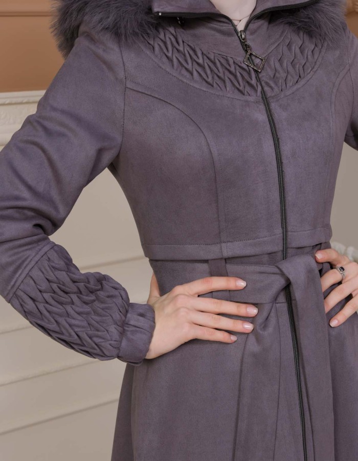 Women's trench coat suede, plisse, movable hood, 1316 Gri