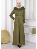 Langer Wildleder-Mantel mit Pelzkapuze 1331 - Khaki